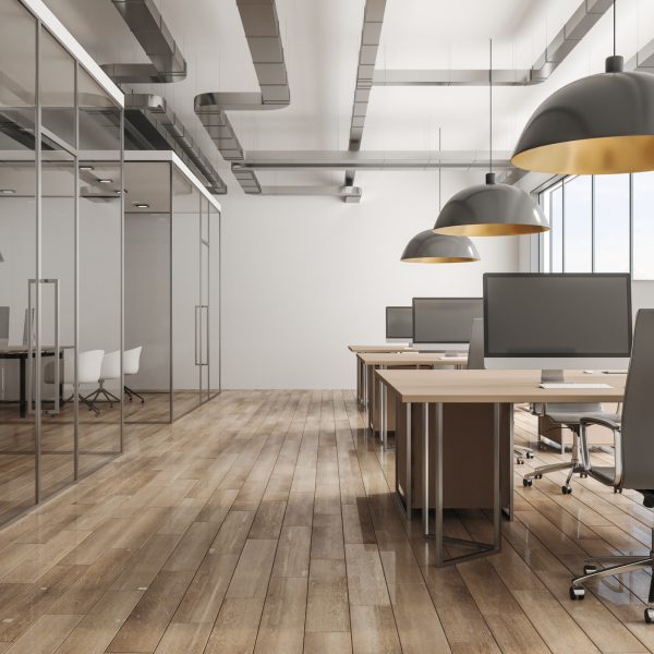 Modern office interior with daylight and city view. 3D Rendering